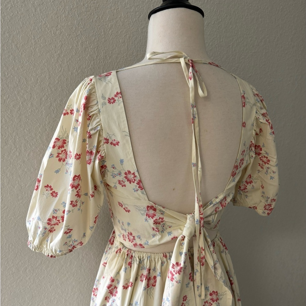 WAYF Whisper Cottage-Core‎ Square Neck Back Tie Ivory Floral Print Ivory Sz S - Picture 4 of 16